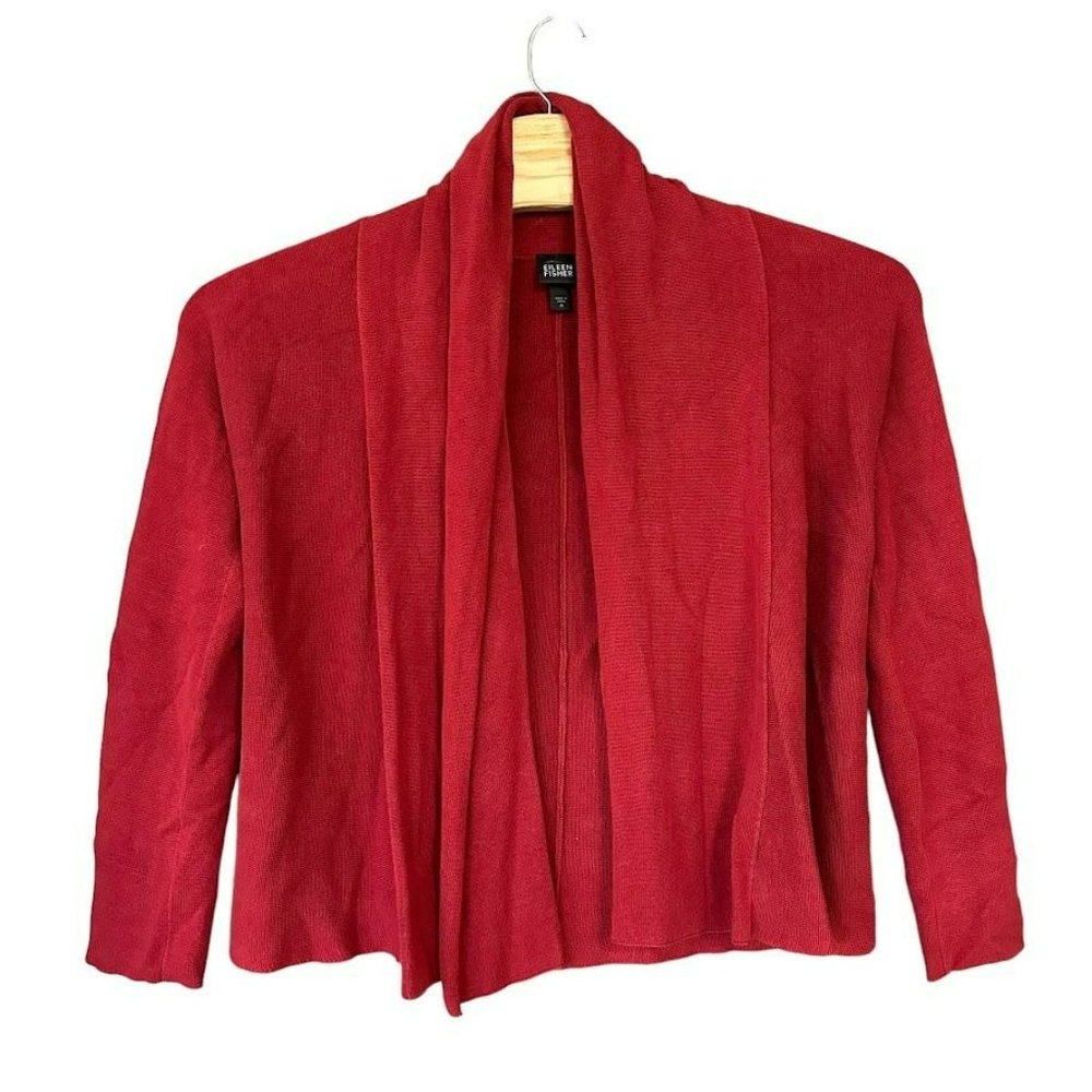 Eileen Fisher Silk Blend Red Open‎ Front Cardigan Sweater Womens M